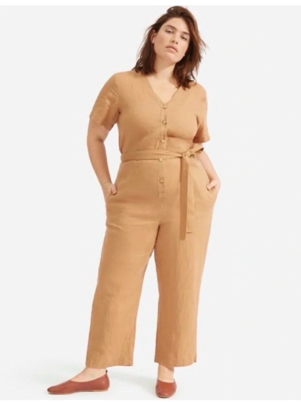 Everlane Camel Short-Sleeve Button-Front Linen Jumpsuit